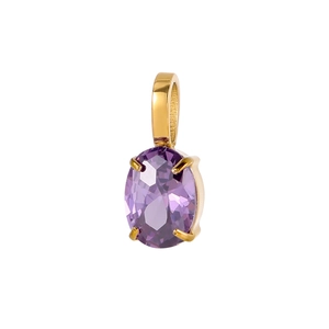Detailed view of oval purple gemstone pendant in golden stainless steel setting