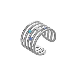 Detail of silver multi-layer open ring with hammered texture and colorful accents