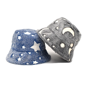 Plush Bucket Hat Faux Fur Winter Warm Star Moon Pattern Soft Sunshade Basin Cap Outdoor For Women