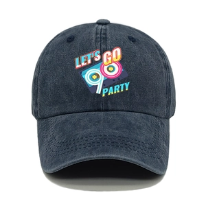 Vintage 90s party printed washed cotton baseball cap in navy blue with retro tape design