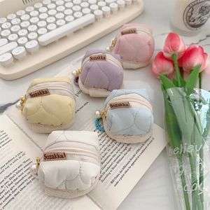 Quilted Cotton Earphone Case Mini Coin Purse With Artificial Pearl Zipper Charm Cute Soft Storage Pouch For Women Girls