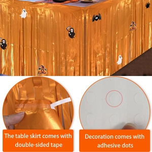 75x275cm Halloween orange tinsel table skirt with pumpkin and ghost DIY sticker decorations