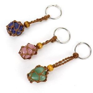 Handmade Braided Mesh Pouch Keychain Natural Stone Crystal Wood Bead Bohemian Ethnic Bag Hanging Ornament Charm