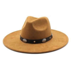 Camel wide brim wool fedora hat with bohemian leather band and silver metal rivets