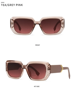 Detailed views of square tea pink sunglasses with golden V-shaped decorative accents