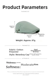 Size chart showing light green flat cap dimensions 20x10x6cm with cotton polyester fabric