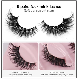Detailed view of 5 pairs of thick faux mink eyelashes with transparent soft stems