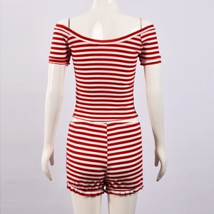 Detail of red and white striped rib-knit set showing back view with ruffled shorts hem