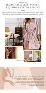 Detailed view of women's silk-like robe in dusty rose with tie-waist and mid-length sleeves