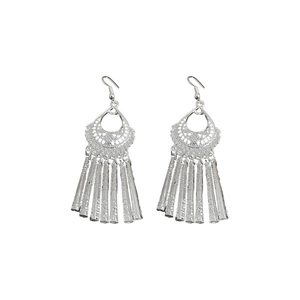 Vintage silver hollow bell earrings with long metallic tassels and ethnic dangle hooks