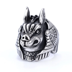 Vintage stainless steel punk ring featuring an Anubis jackal god head in silver