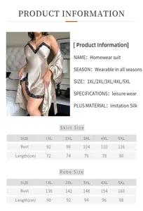 Size chart detail for plus size faux silk robe and nightgown from 1XL to 5XL sizes
