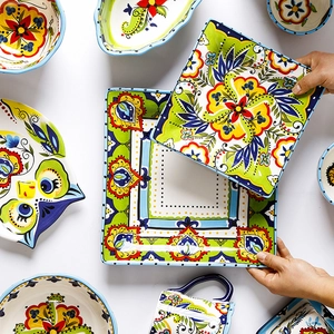 Creative hand-painted ceramic dinnerware set with colorful floral ethnic patterns