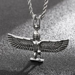 Detailed view of silver winged angel pendant with sparkling rhinestones on twisted chain