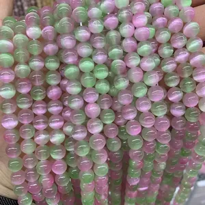 Pink and green gradient cat eye stone beads for DIY jewelry making and bracelets