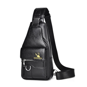 Waterproof black leather chest bag for men with adjustable shoulder strap on white background