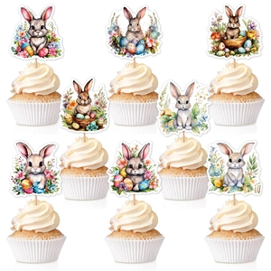 Décorations de Gâteau en Papier Lapin de Pâques et Œuf à l'Aquarelle Avec Bâtons en Bois Pour Décoration de Cupcake Fête