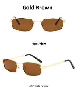 Close-up of vintage small rectangle metal sunglasses with gold frame and tea lenses