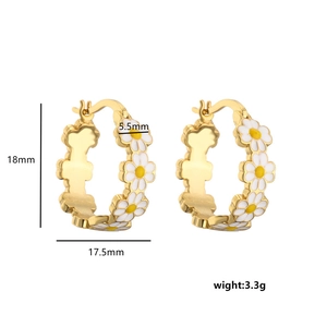 Daisy hoop earrings with white enamel petals and gold base including size dimensions
