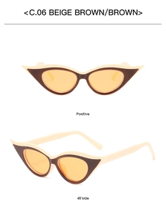 Front and 45-degree side view of beige cat-eye sunglasses with yellow lenses