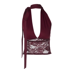 Detail of burgundy lace halter top showing deep V-neckline and neck tie ribbon