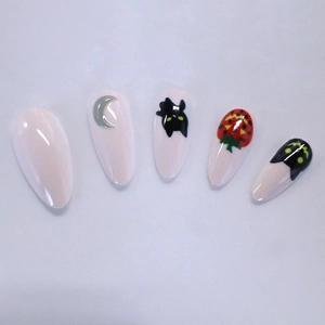 Halloween almond fake nails featuring cute black cat moon and pumpkin hand-painted designs