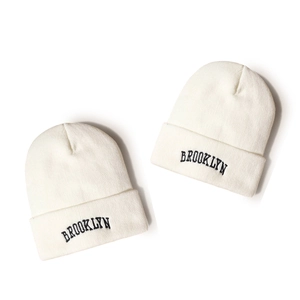 White BROOKLYN embroidered knit beanie hats for winter warmth and street style
