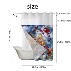 Detailed size chart of Christmas shower curtain with Santa Claus and winter motifs