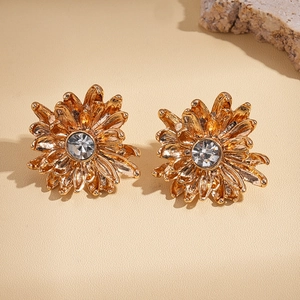 Retro sunflower crystal stud earrings in gold finish with multi-layer petal texture