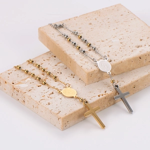 Minimalist stainless steel rosary necklace with cross pendant in gold and silver finish