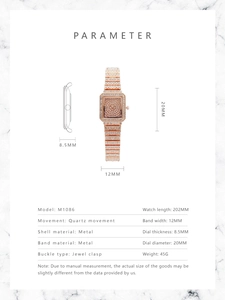 Detailed parameter diagram for square rose gold watch with dimensions and quartz specs