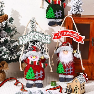 Plush Santa and Snowman Christmas hangers with Feliz Navidad signs for festive decor