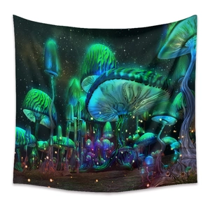 Close-up detail of psychedelic mushroom tapestry with glowing neon colors and starry forest