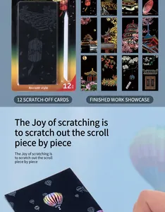 Close-up of DIY ancient style scratch art cards featuring traditional architecture and pen