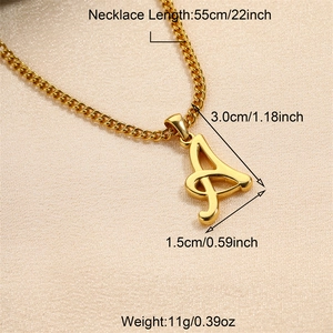Detailed view of gold letter A pendant necklace with size 55cm and weight specifications
