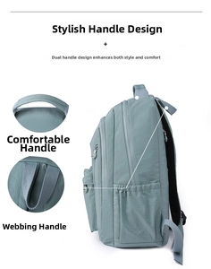 Detail of light blue waterproof nylon backpack showing dual handles and zippered compartments