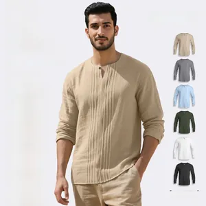 Detail of pleated linen shirt with sizing chart from S to 3XL and multi-color options