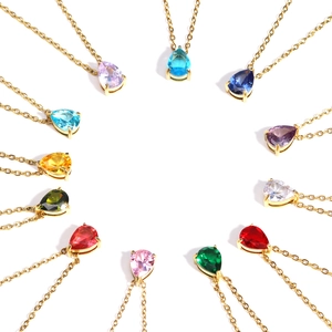 Multiple colors of teardrop zircon pendants in a circular layout on stainless steel chains