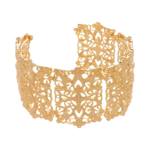 Bracelet manchette ouvert doré vintage avec motifs floraux creux et détails géométriques