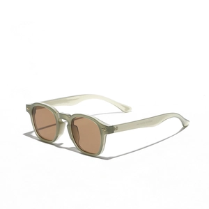 Retro olive green translucent square sunglasses with brown lenses and metal hardware