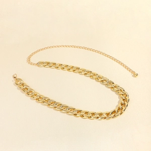 Detail view of golden chunky acrylic chain belt with adjustable lobster clasp closure