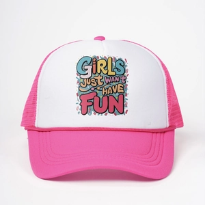 Casquette trucker rose et blanche avec inscription colorée Girls Just Want Have Fun