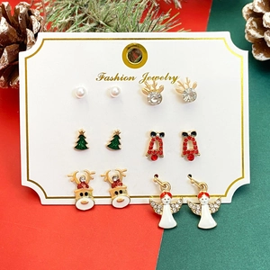 6-pair Christmas stud earring set with reindeer, snowflake and angel in holiday gift style