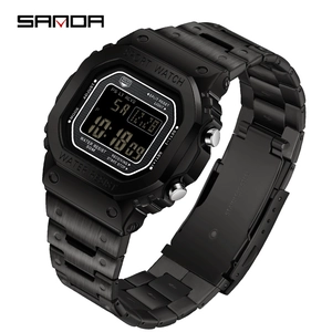 Square digital sports watch with black stainless steel band and LED backlight display