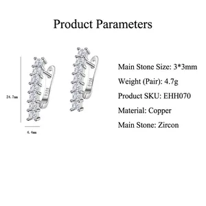 Elegant silver-plated copper earrings with seven vertical square zircons on white background