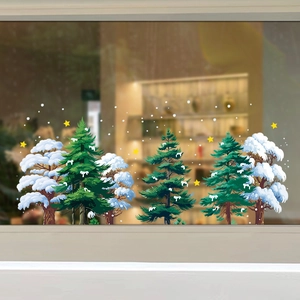 Christmas window stickers with green pine trees white snowy cedars and yellow stars