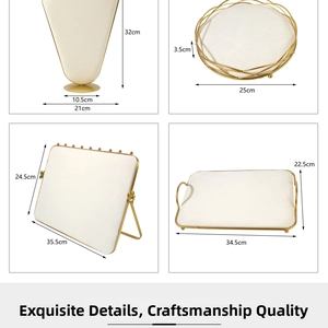 Detailed dimensions of gold metal and white velvet jewelry display stands and trays