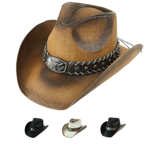 Classic straw western cowboy hat with leather band and multi-color options available