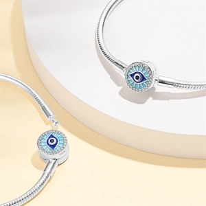 Silver S925 snake chain bracelet with sparkling crystal paved evil eye charm