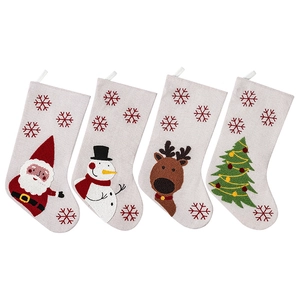 Lot de 4 chaussettes de Noël en lin avec appliques Père Noël, Bonhomme de neige et Cerf